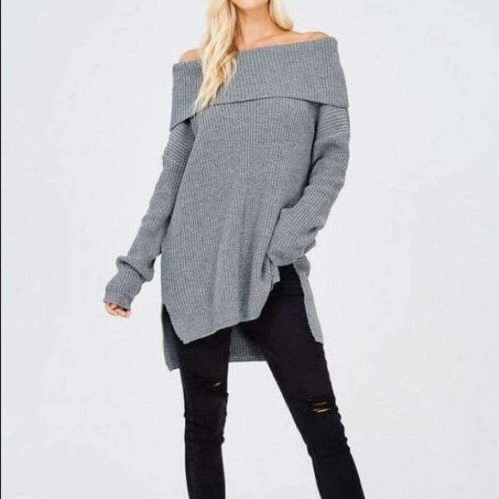 Wish Women Gray Cowl Off Shoulder Oversized Ribbed Tunic Sweater M